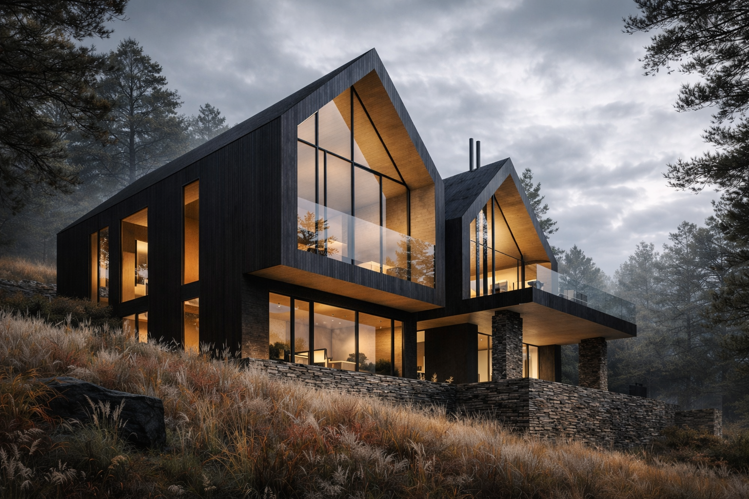 Modern chalet with sloped roof and black cladding