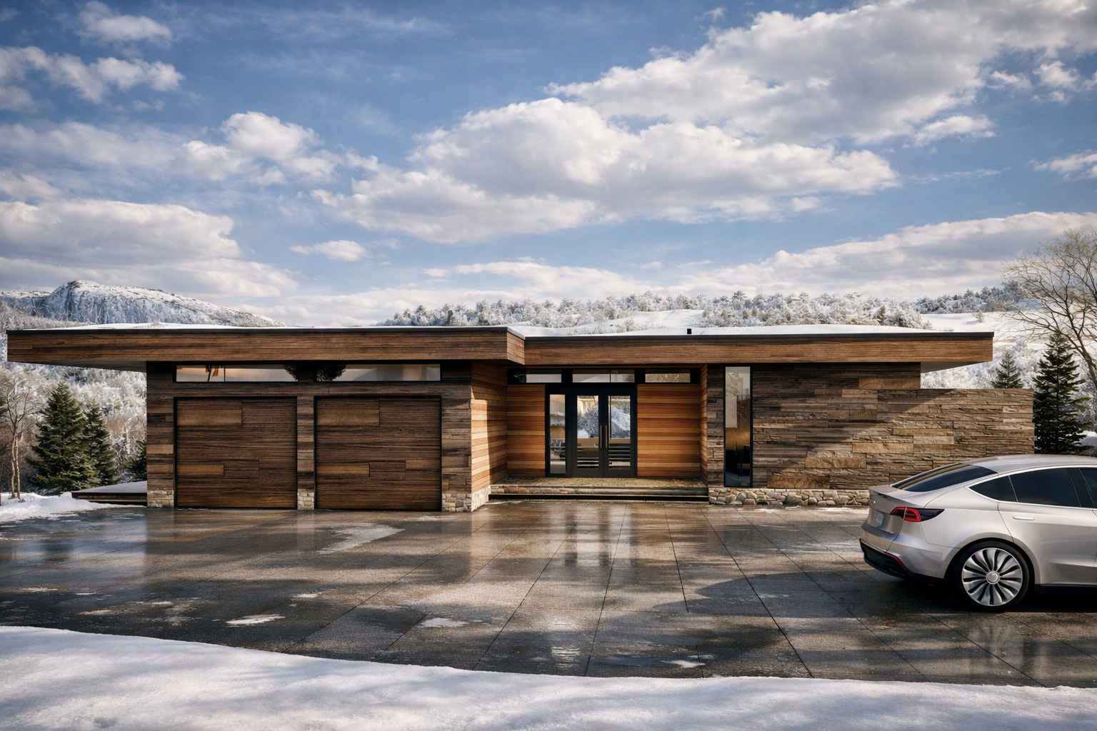 A modern wood chalet on a lake.