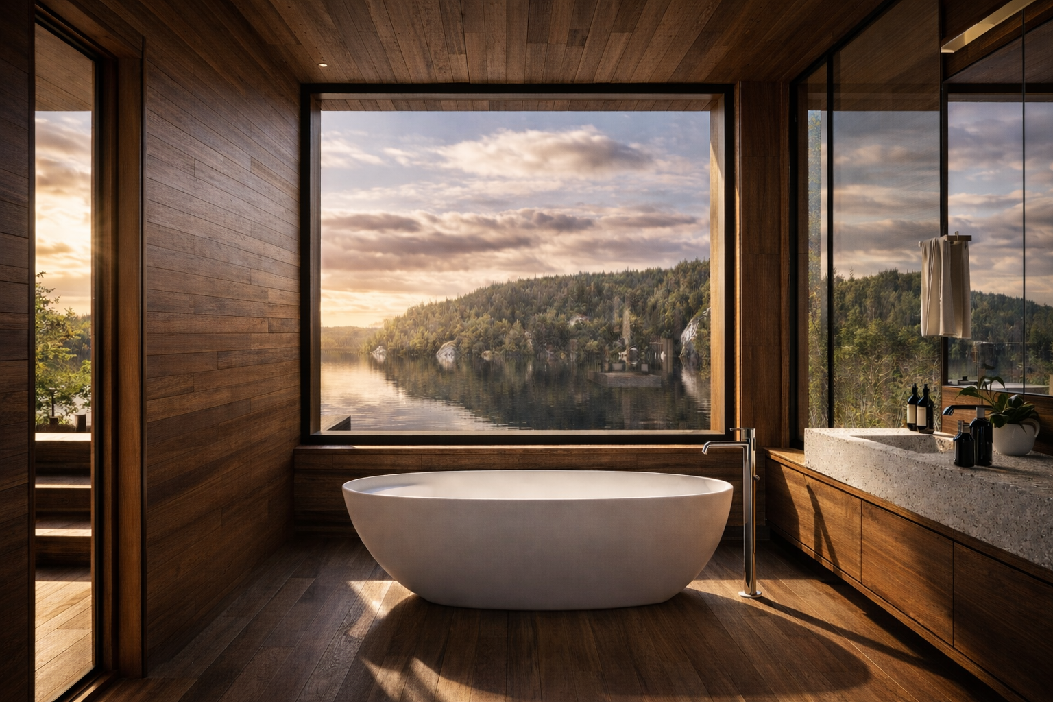 A modern stone and wood chalet on a lake.