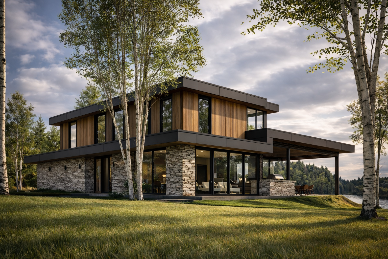 A modern stone and wood chalet on a lake.