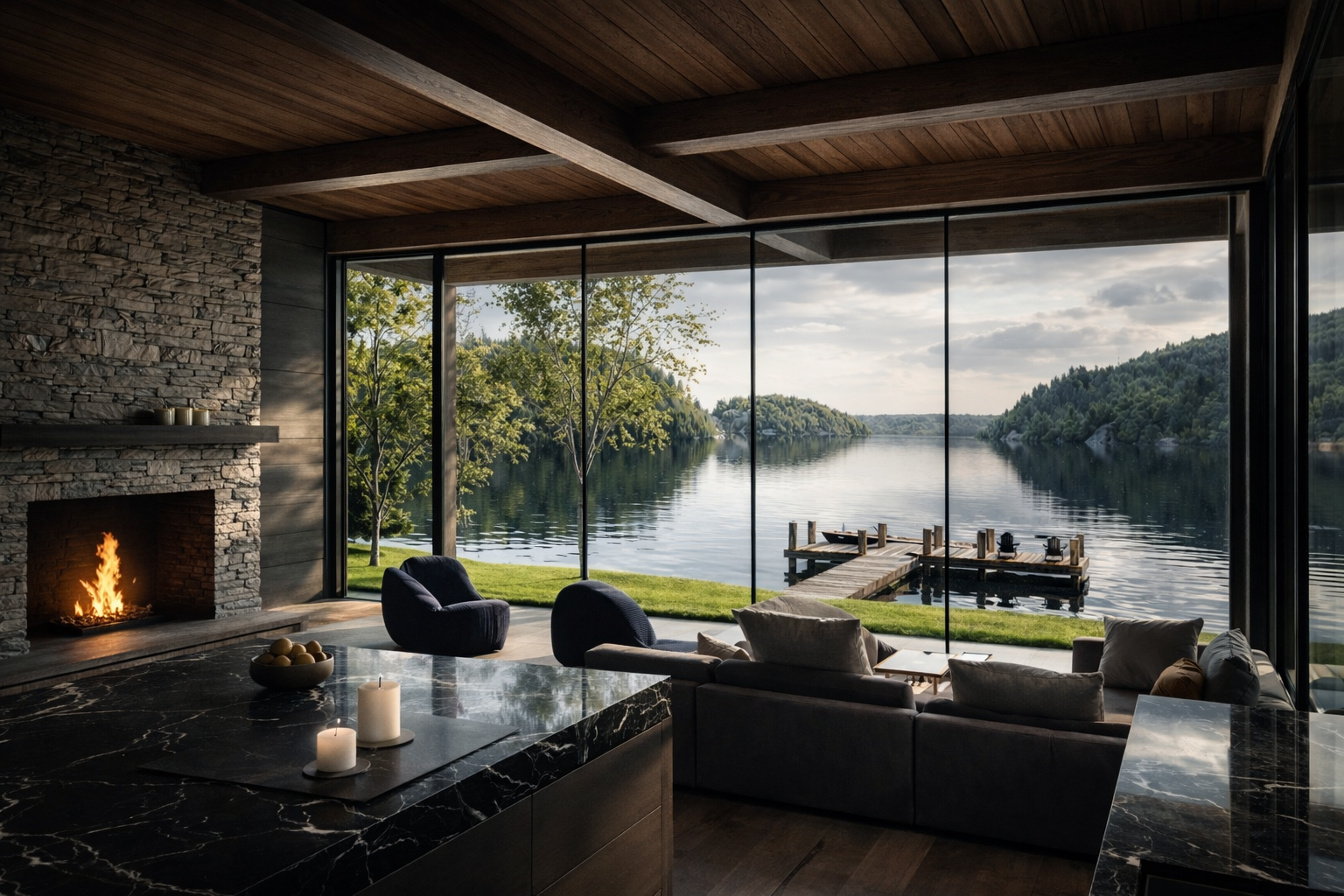 A modern stone and wood chalet on a lake.