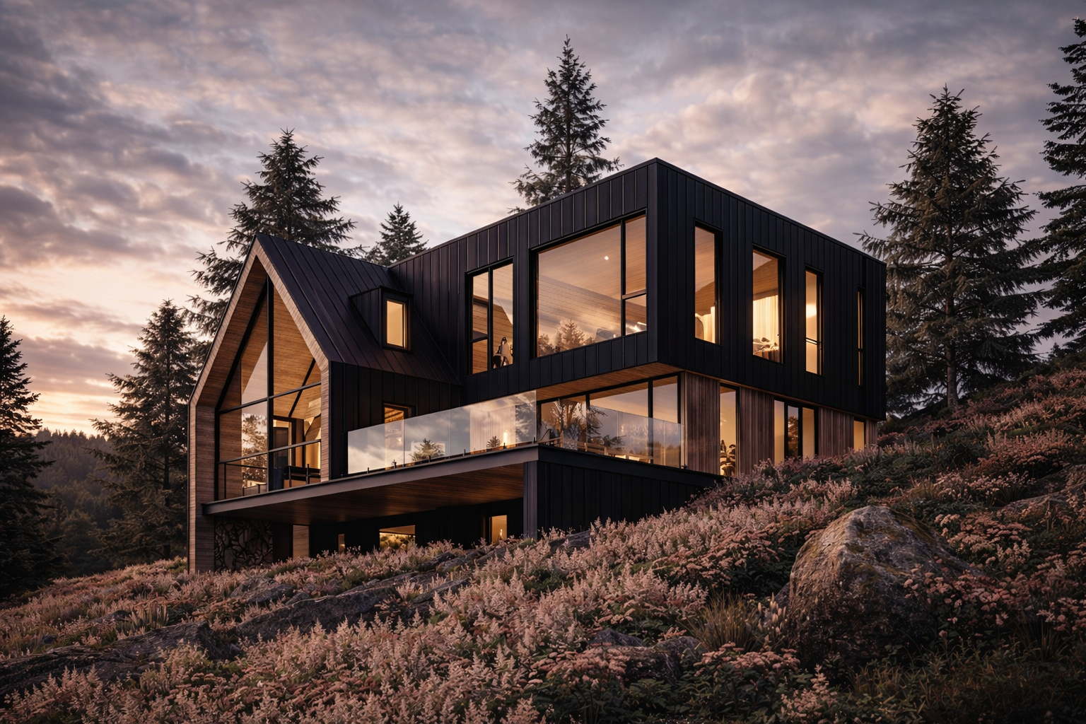 A modern chalet with architectural metal cladding.