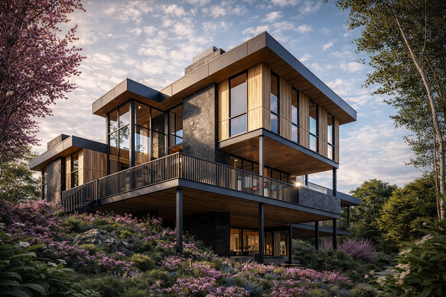 a house with a balcony and purple flowers