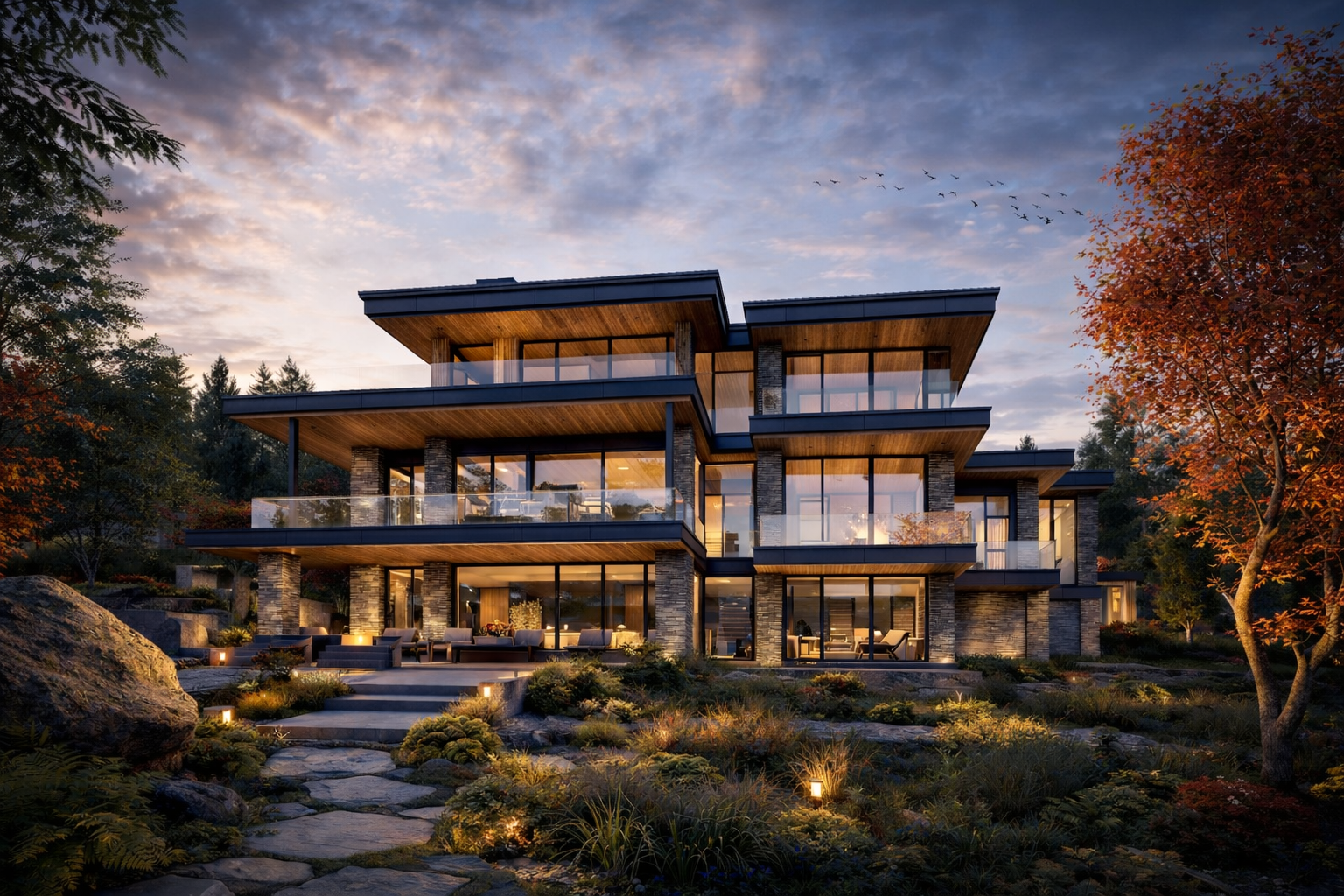 A large modern chalet with green roofs.