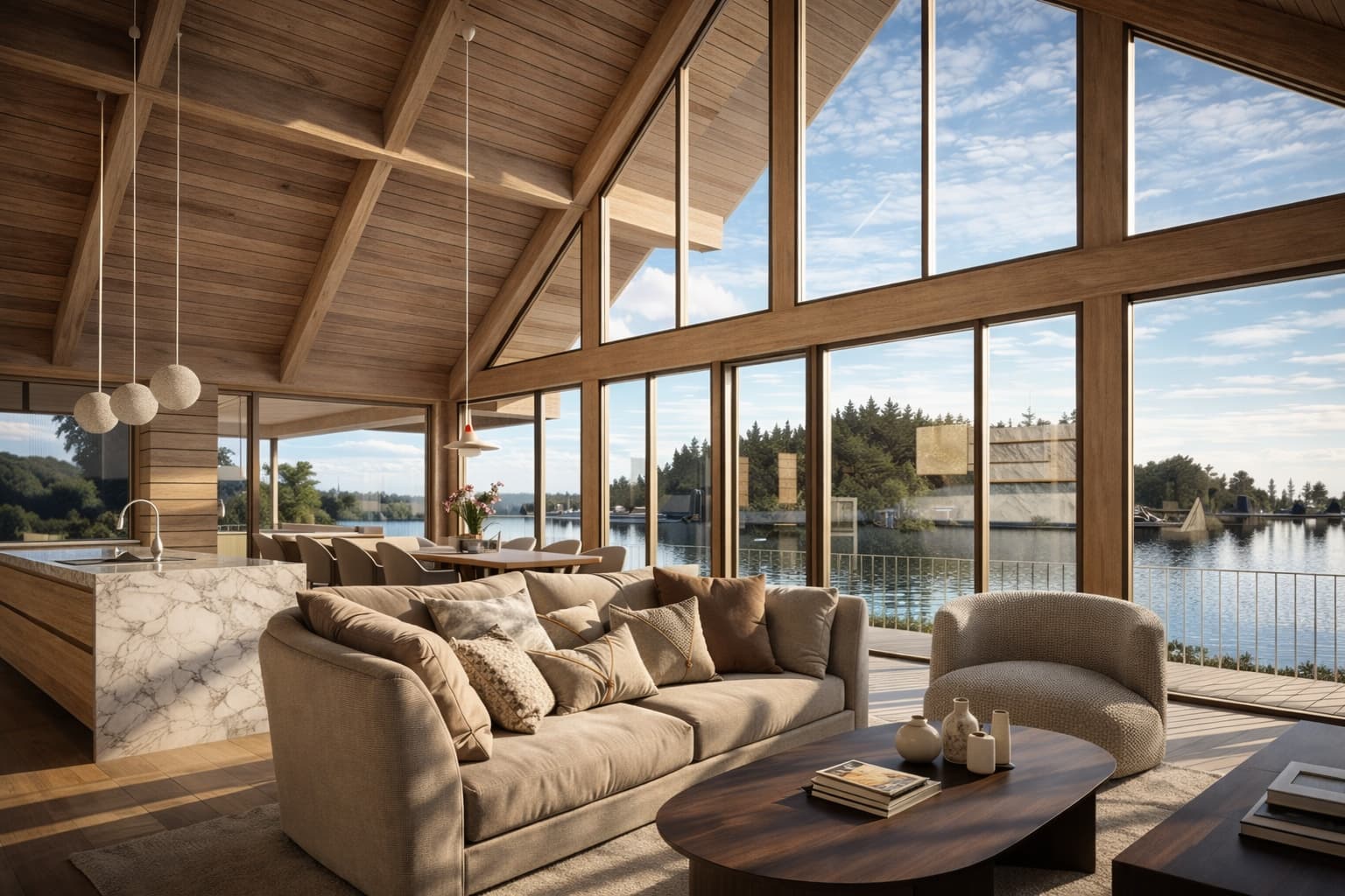 Contemporary waterfront interior designed by Montreal architect Shannon Ross with exposed timber ceiling and panoramic lake views