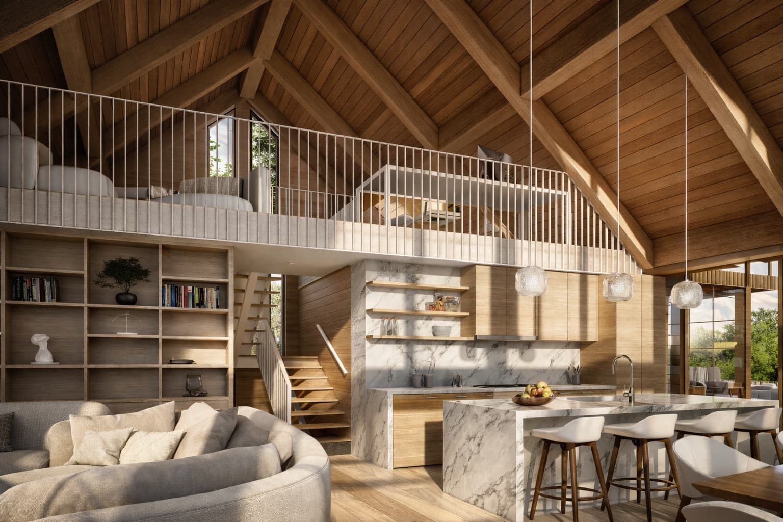 Contemporary cabin interior designed by Montreal architect Shannon Ross featuring vaulted timber ceiling and marble kitchen island