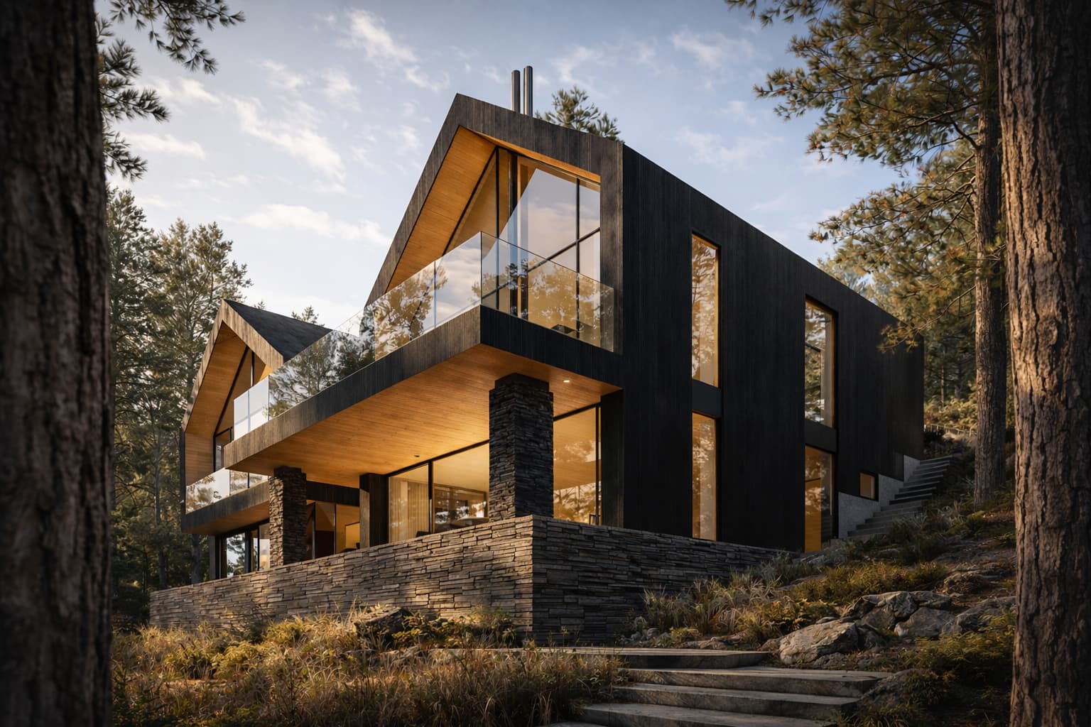 Contemporary hillside chalet with stone base and glass balcony designed by Montreal architect Shannon Ross