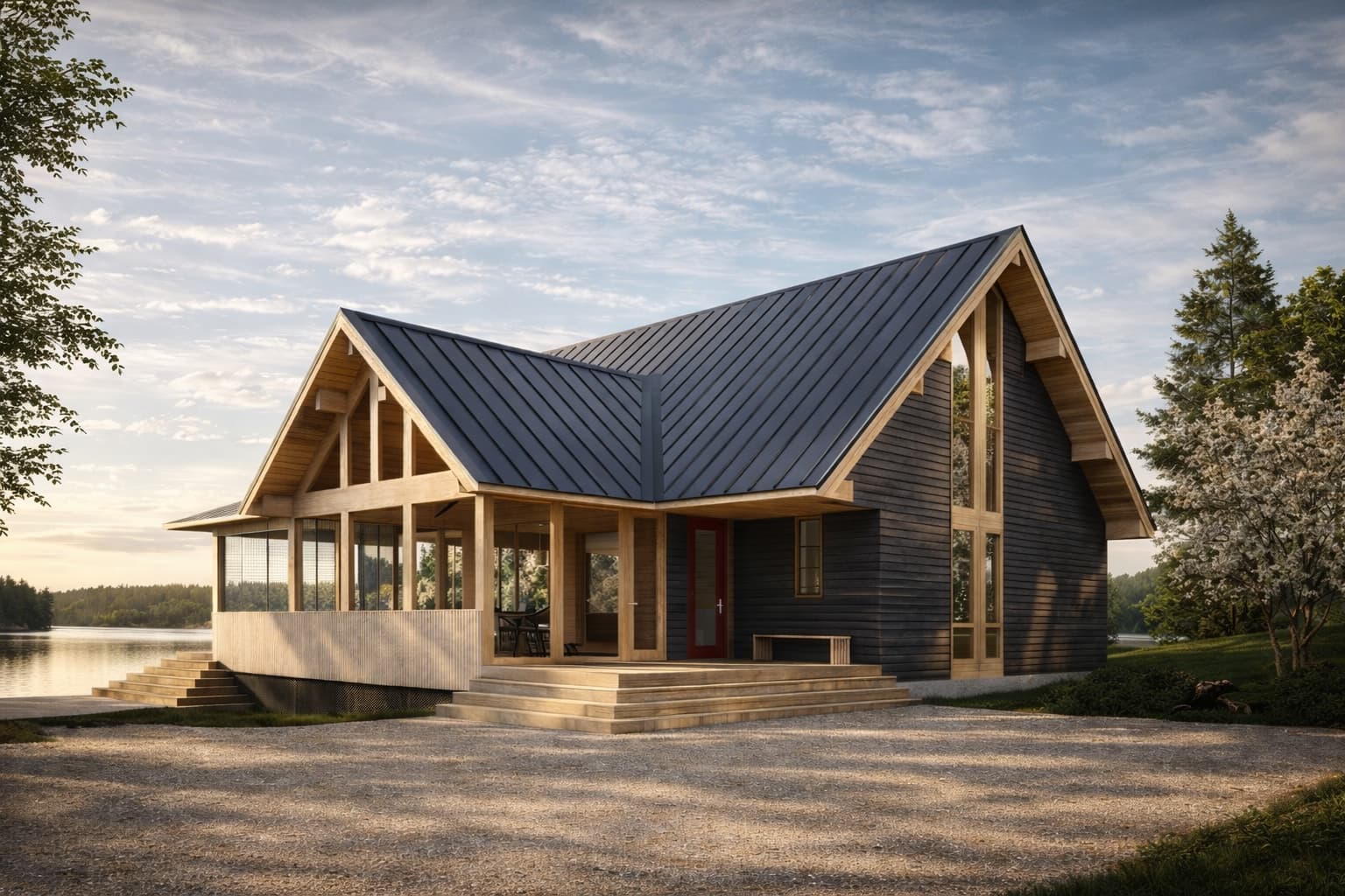 Contemporary lake house designed by Montreal architect Shannon Ross featuring exposed timber and metal roof