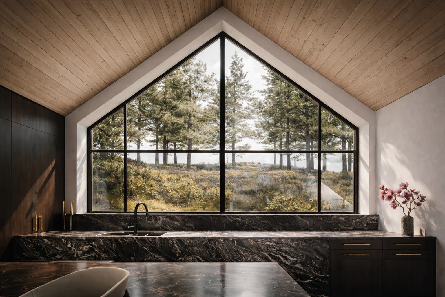 Modern kitchen designed by Montreal architect Shannon Ross featuring gabled window and marble countertops