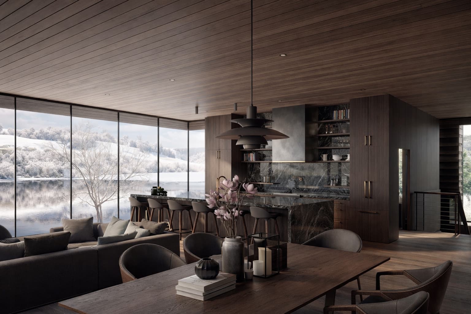 Contemporary lake house interior designed by Montreal architect Shannon Ross featuring custom wood cabinetry and panoramic glazing