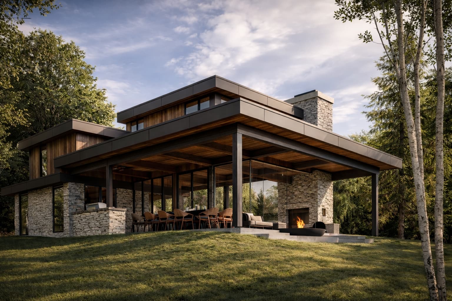 Contemporary waterfront residence with flat roof and indoor-outdoor living space