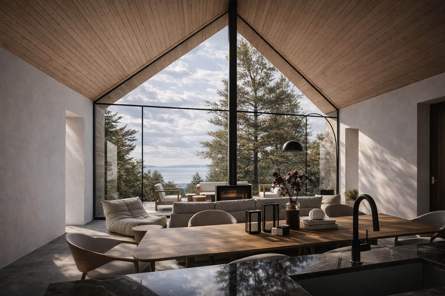 Modern chalet interior designed by Montreal architect Shannon Ross featuring cathedral ceiling and panoramic glazing