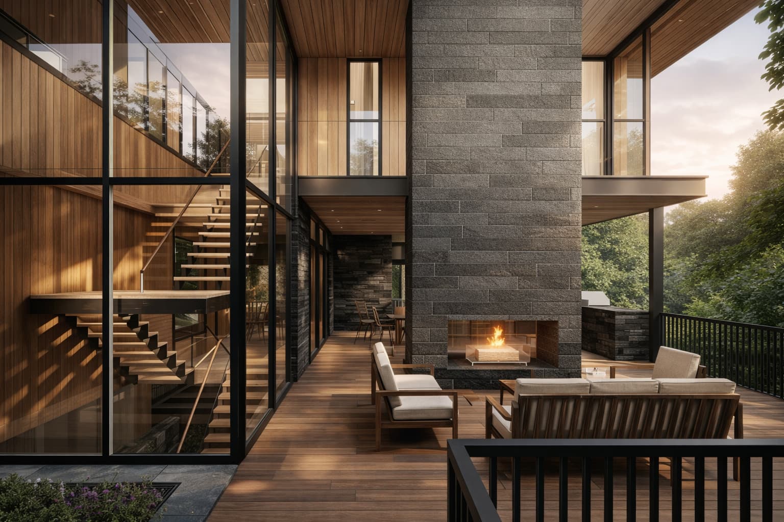 Covered terrace with stone fireplace and glass stair enclosure in modern home