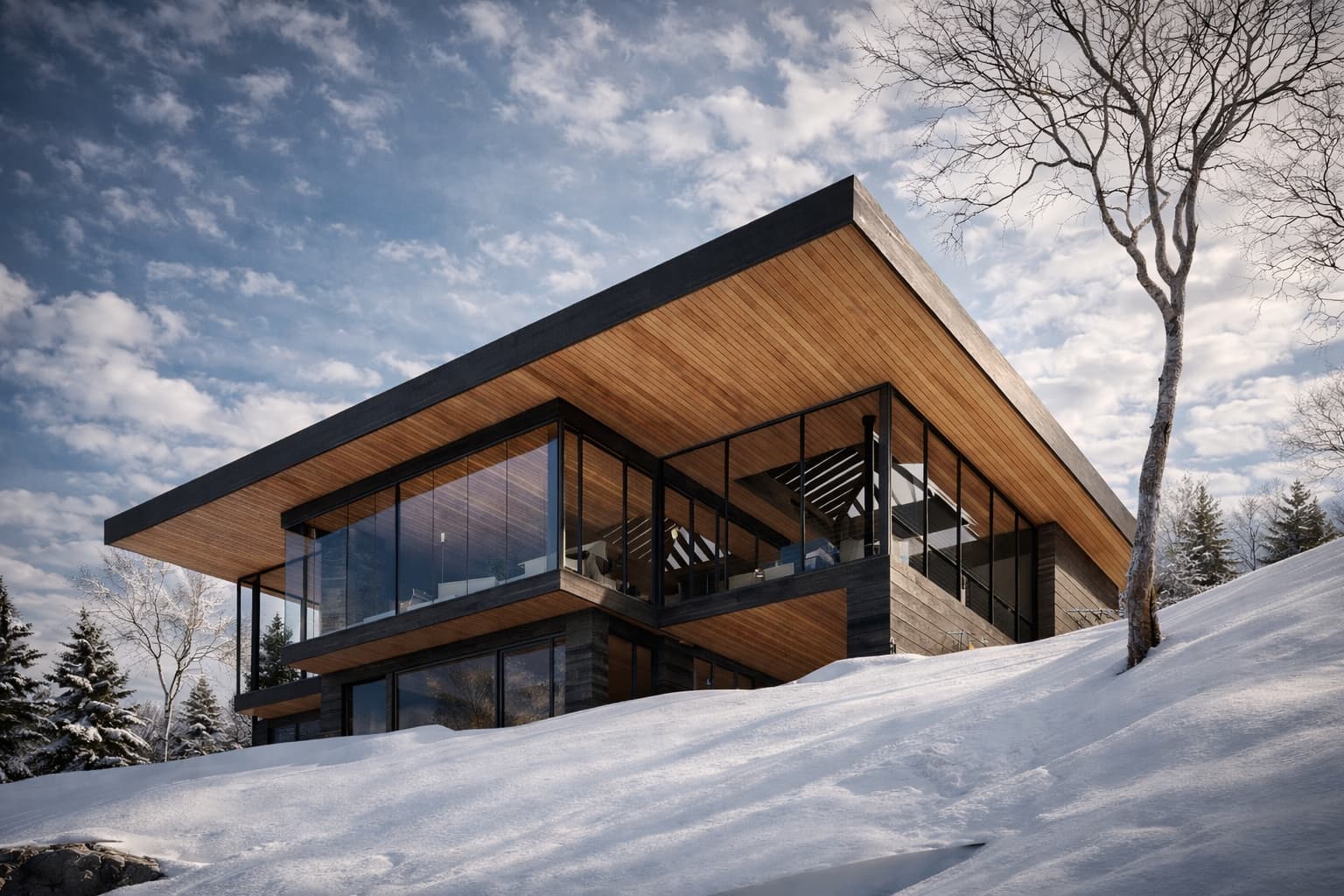 Modern lake house designed by Montreal architect Shannon Ross featuring cantilevered roof and glass facade