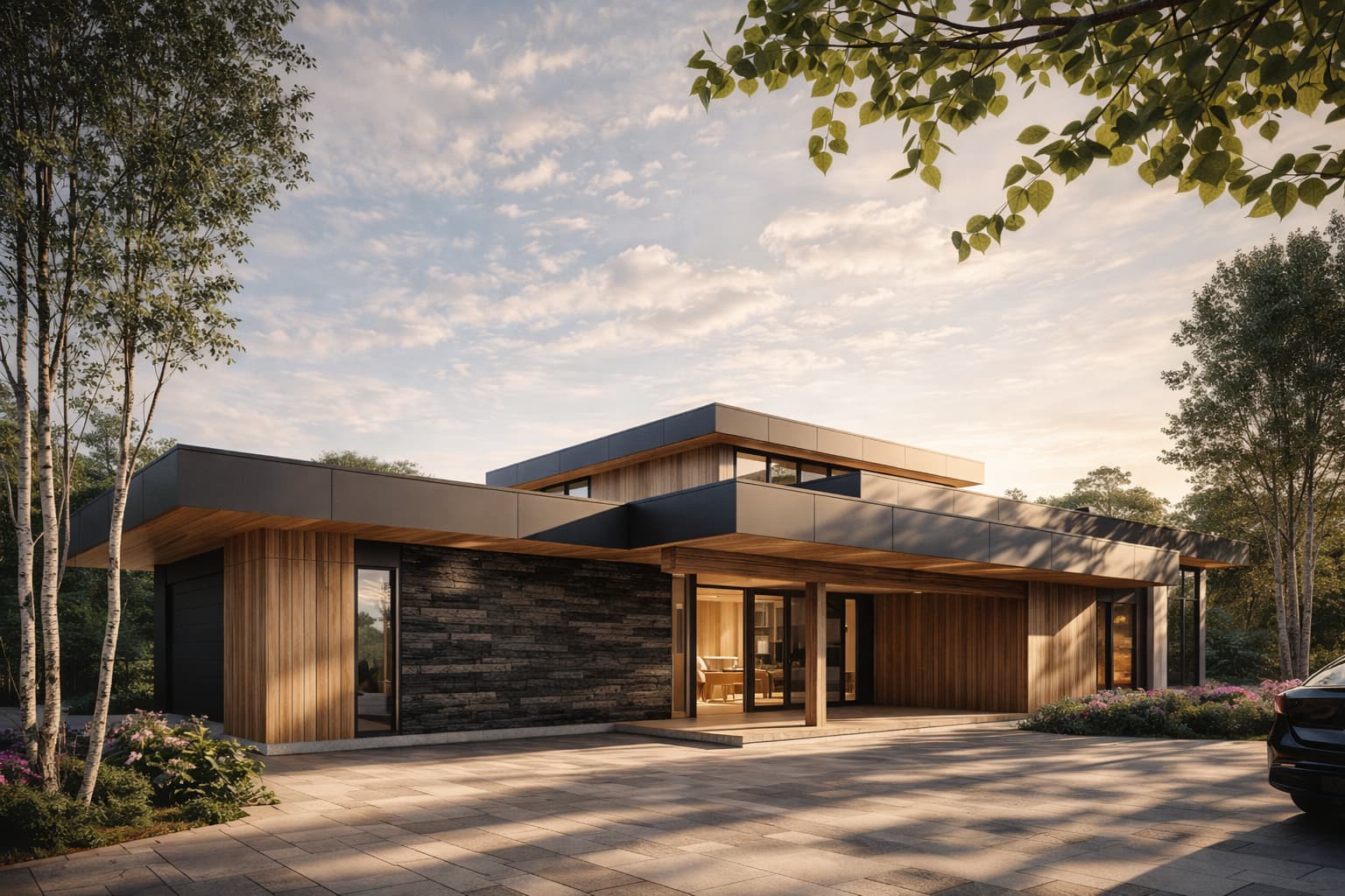 Contemporary flat roof house with wood and stone facade in Saint-Sauveur
