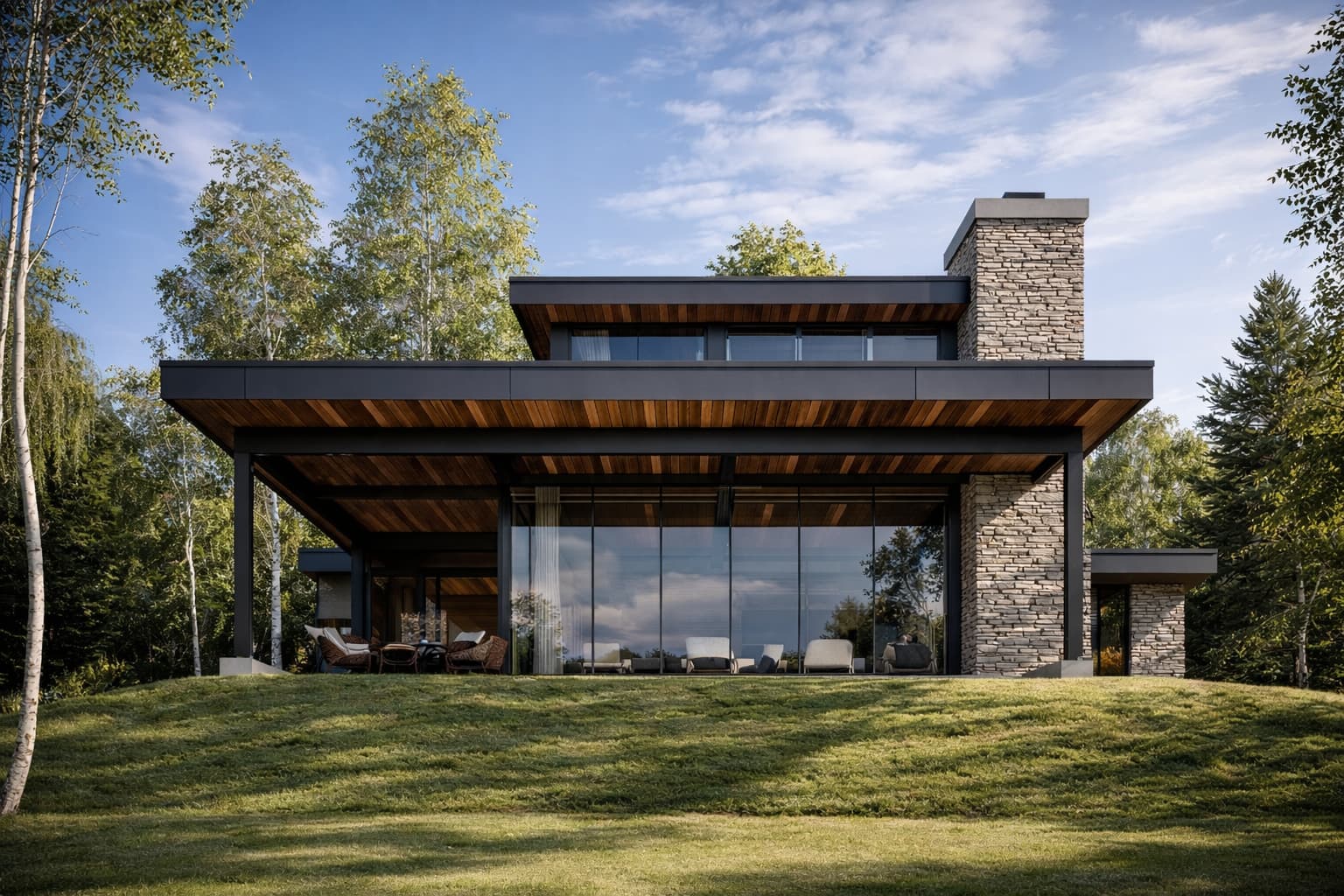 Modern waterfront house in Quebec featuring deep overhangs and expansive glass walls