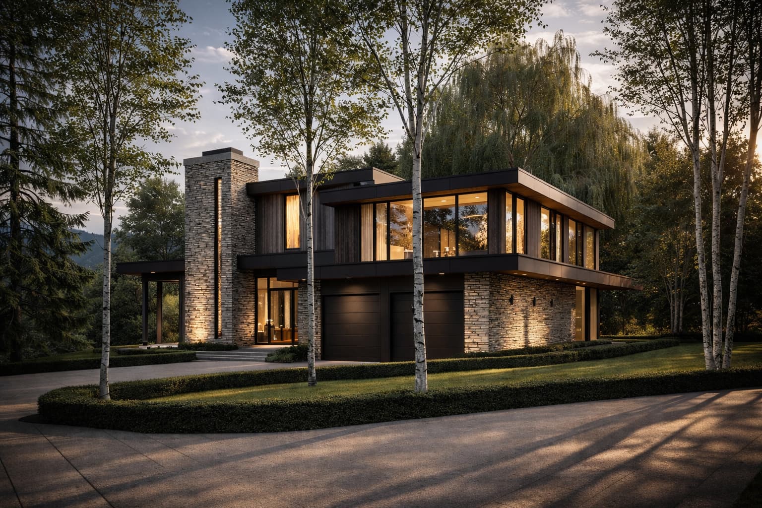 Contemporary flat roof residence with stone chimney and large glass windows