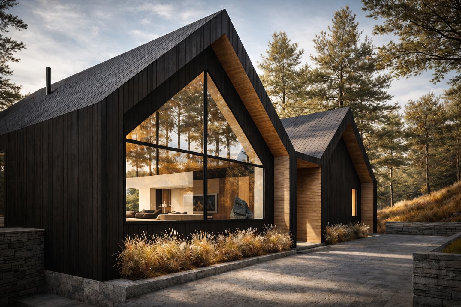 Modern gabled chalet with large triangular window designed by Montreal architect Shannon Ross