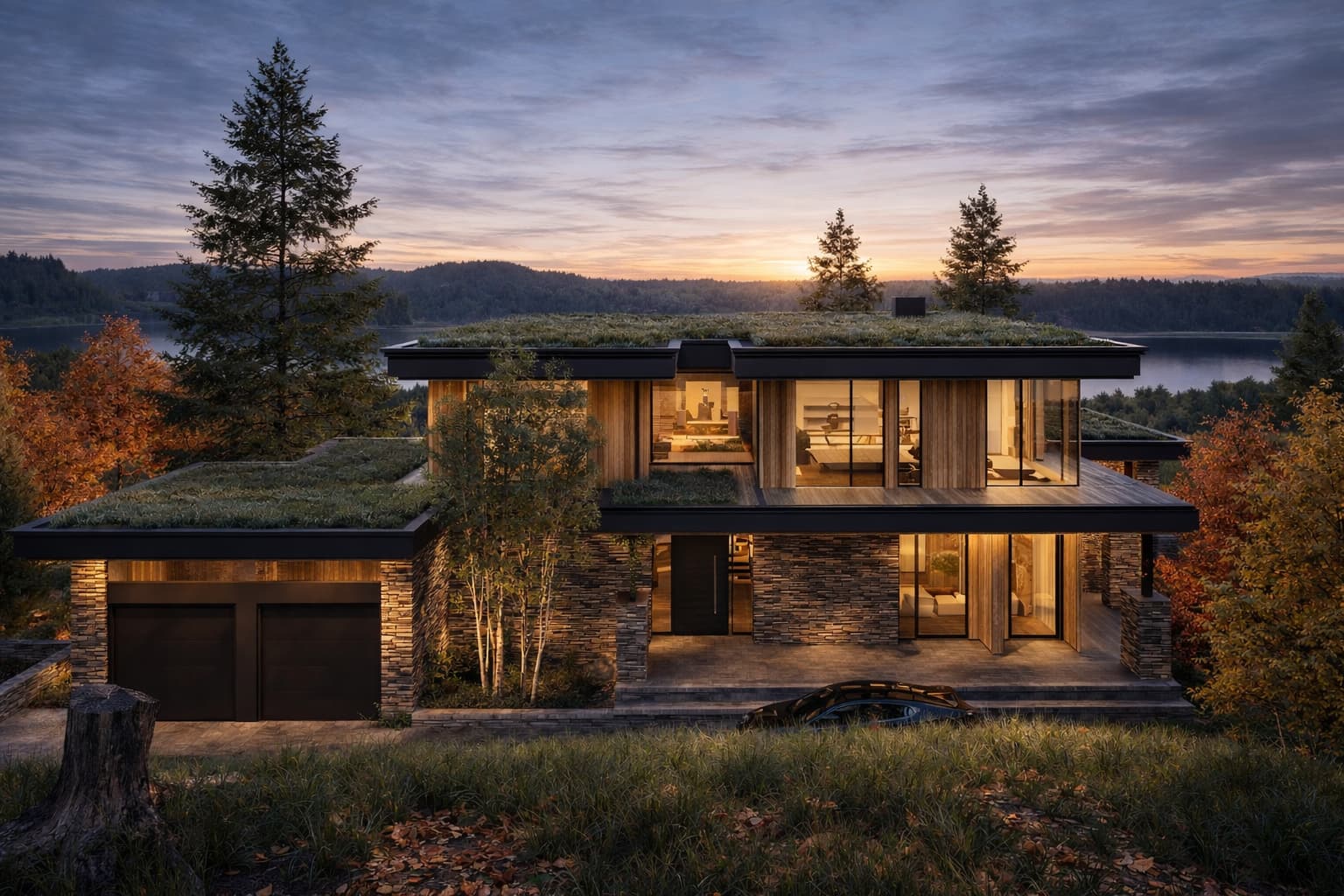 Contemporary house with green roof and lake view at dusk in Wakefield
