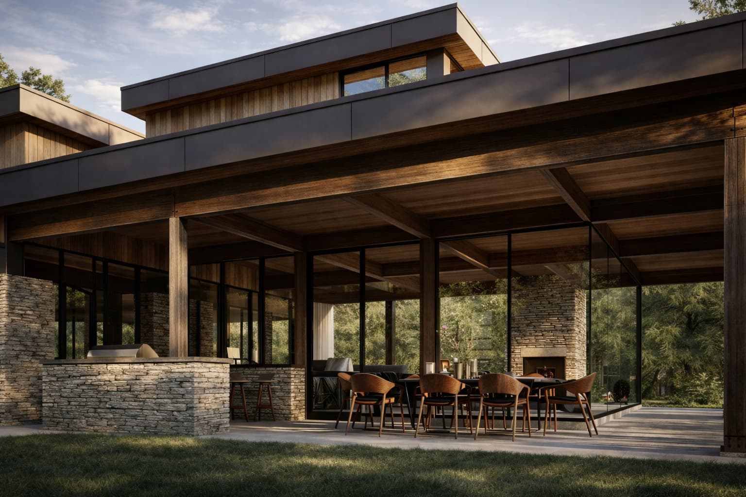 Contemporary lake house with covered terrace and stone fireplace