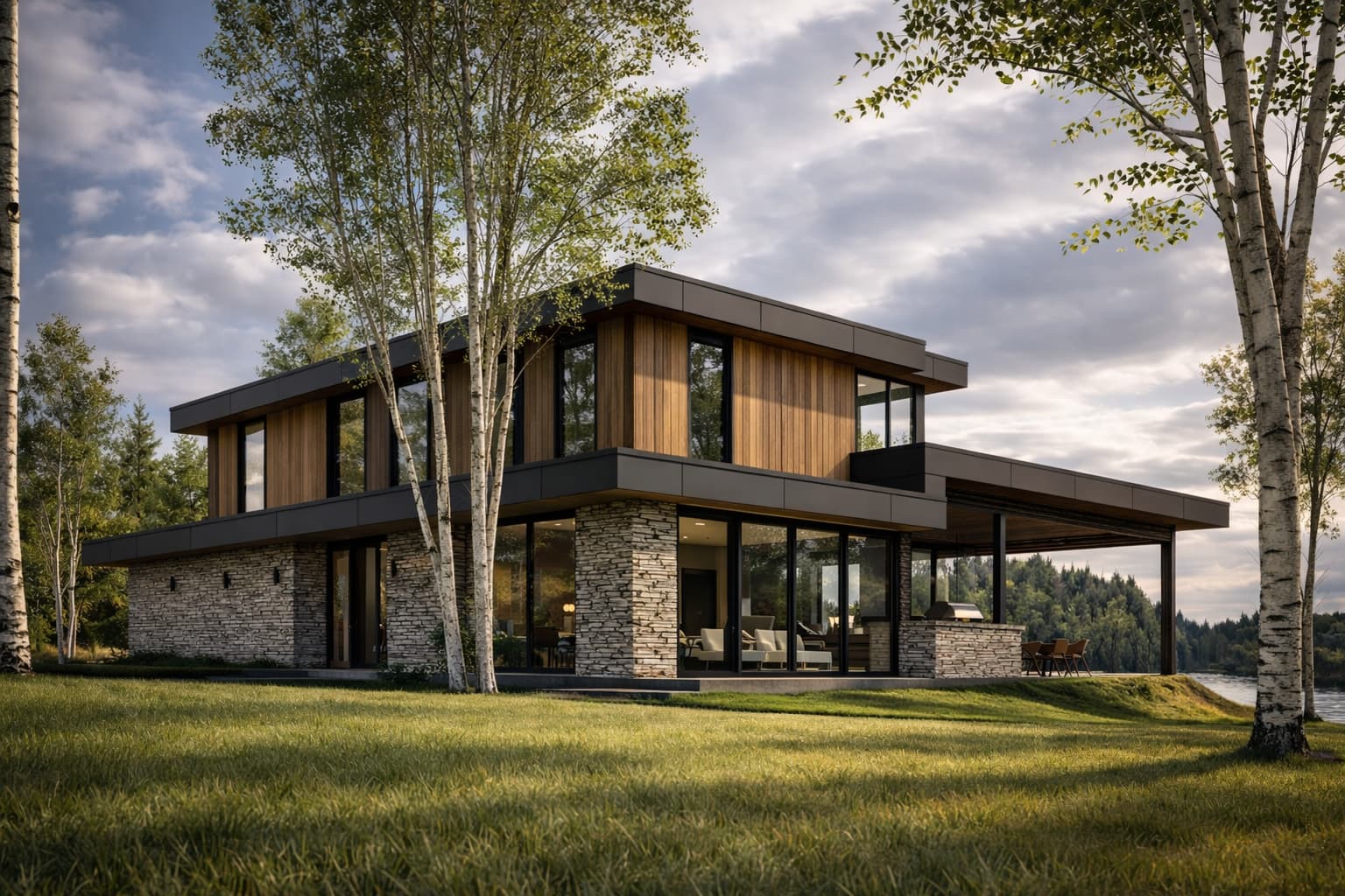 Modern flat roof lake house with stone and wood exterior overlooking waterfront