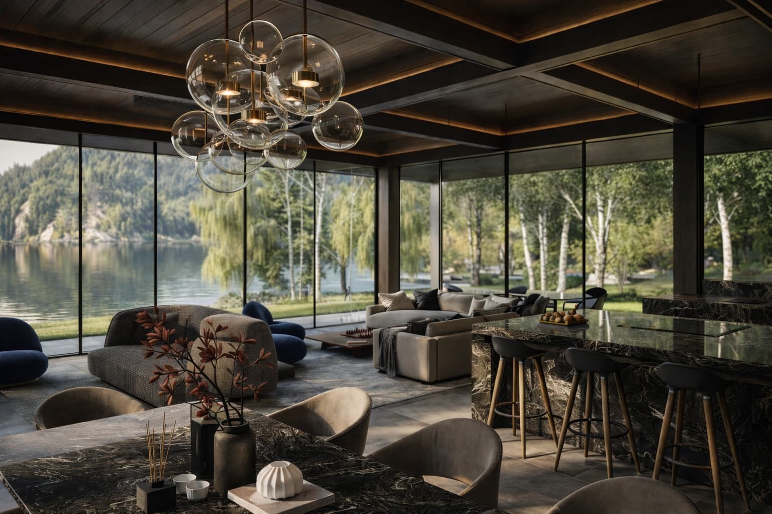 Open concept living and dining area with floor-to-ceiling glazing overlooking lake