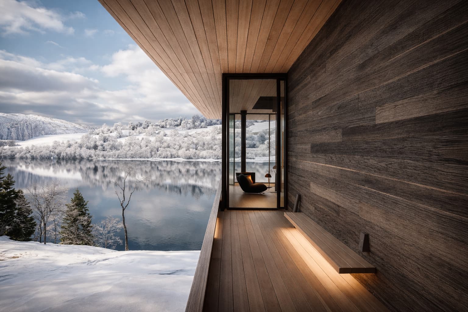 Contemporary lake house terrace designed by Montreal architect Shannon Ross with panoramic waterfront views