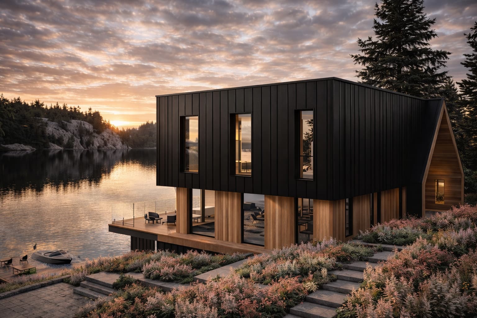 Contemporary lakefront chalet with black metal cladding and cantilevered terrace at sunset