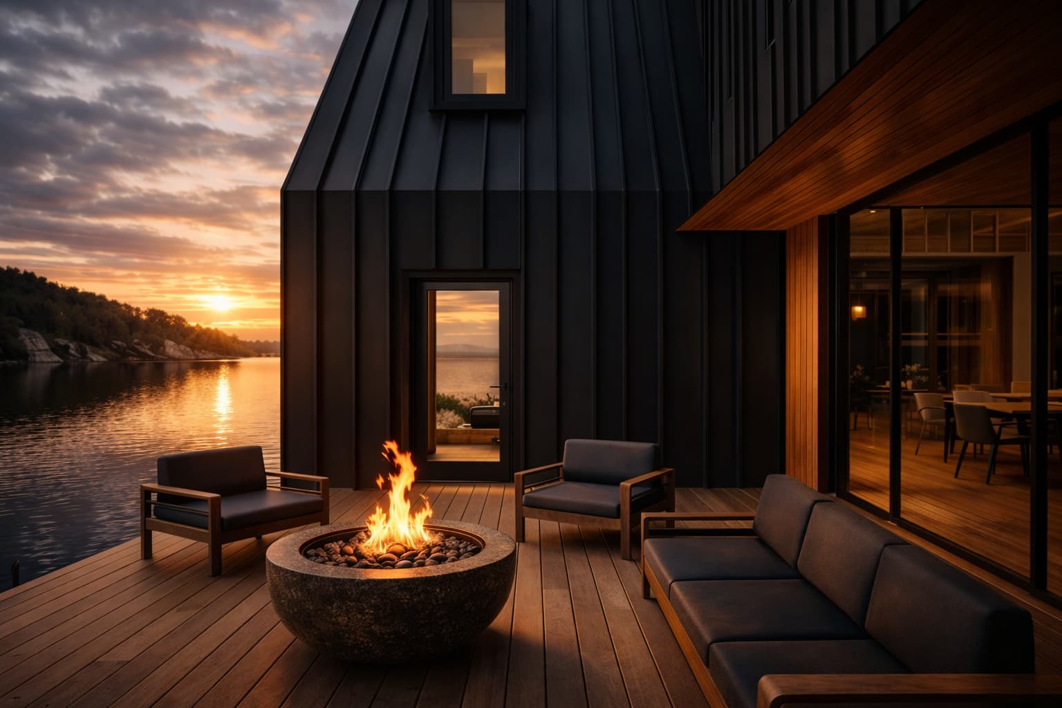 Contemporary lakefront terrace with fire pit and black metal chalet at sunset
