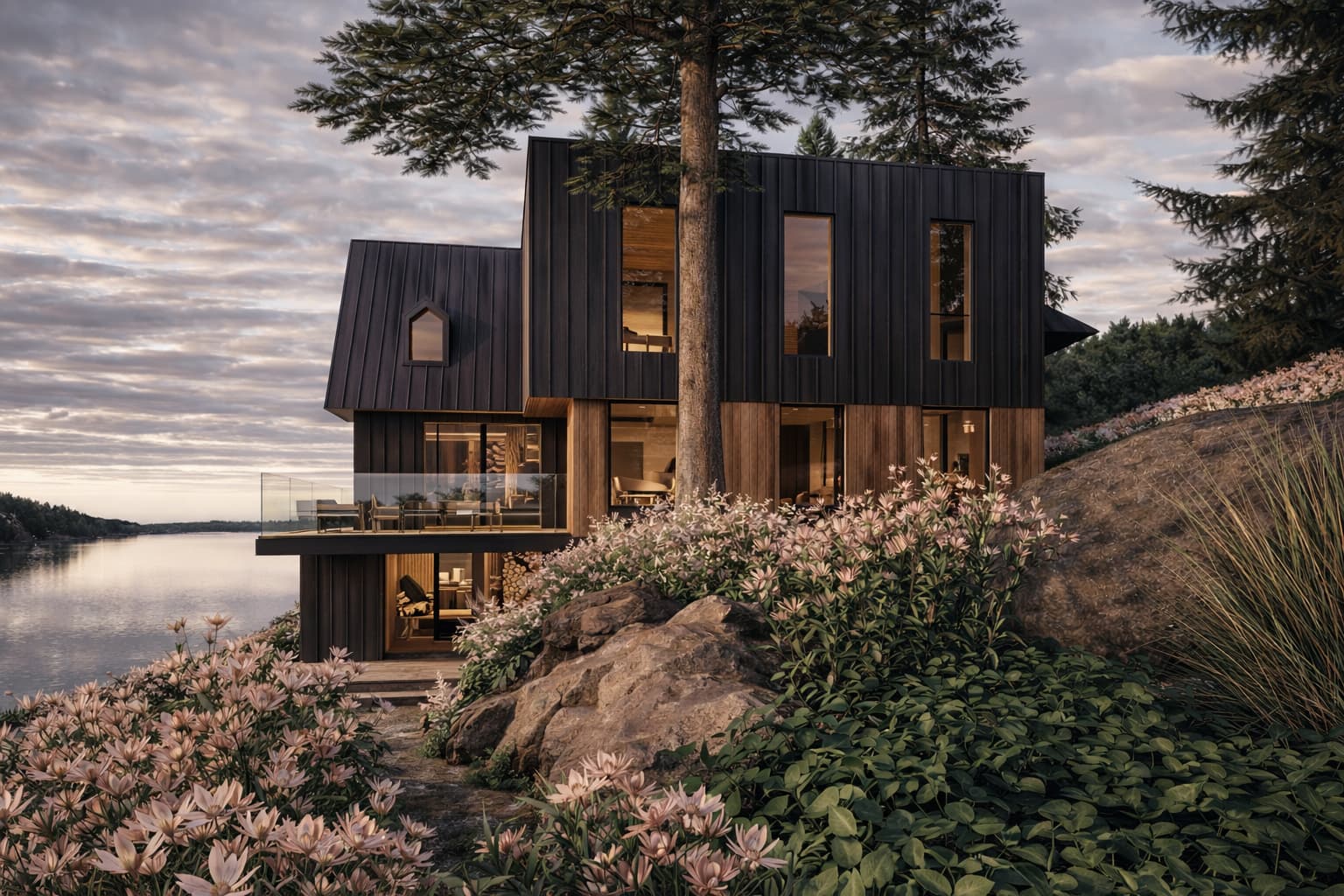 Contemporary mountain chalet with black metal cladding overlooking lake and forest