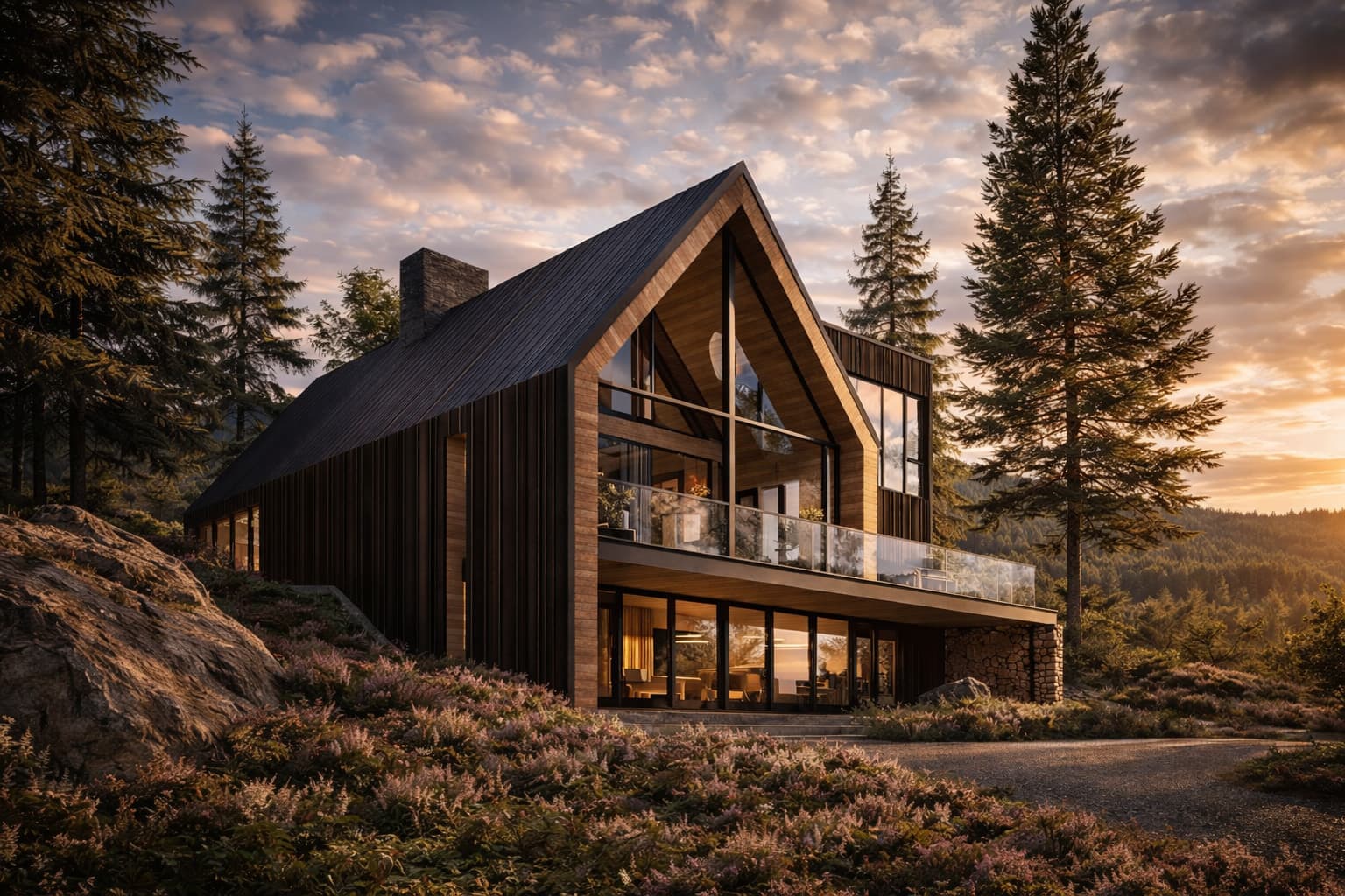 Contemporary mountain chalet with steep gabled roof and black metal cladding at sunset