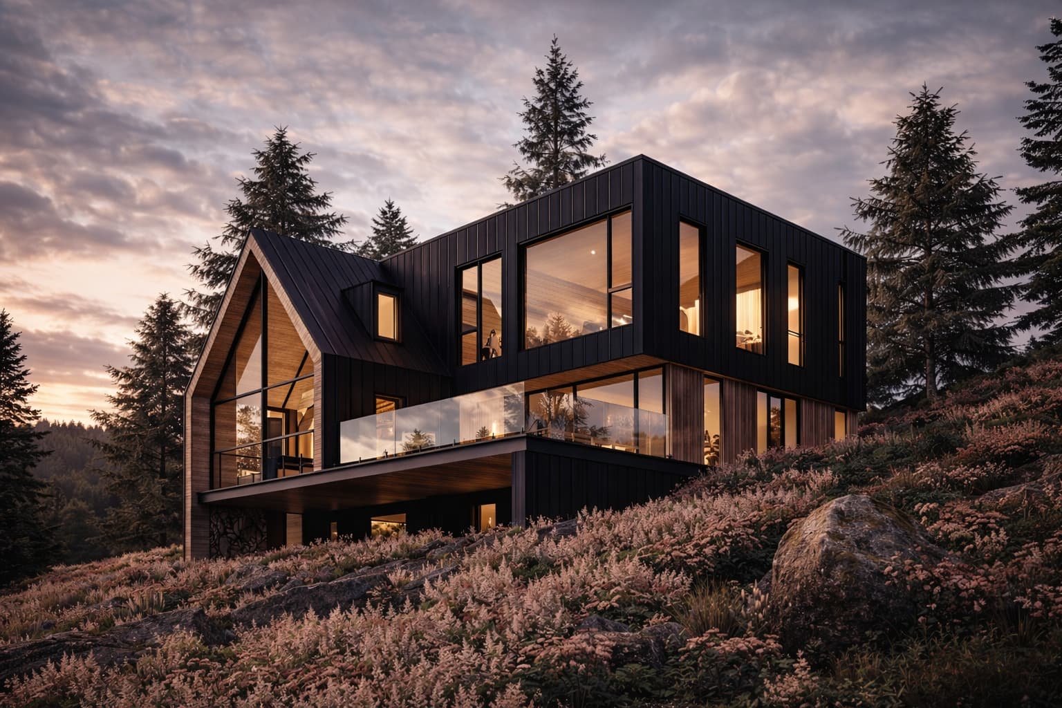Modern mountain house with black metal cladding and large windows at sunset