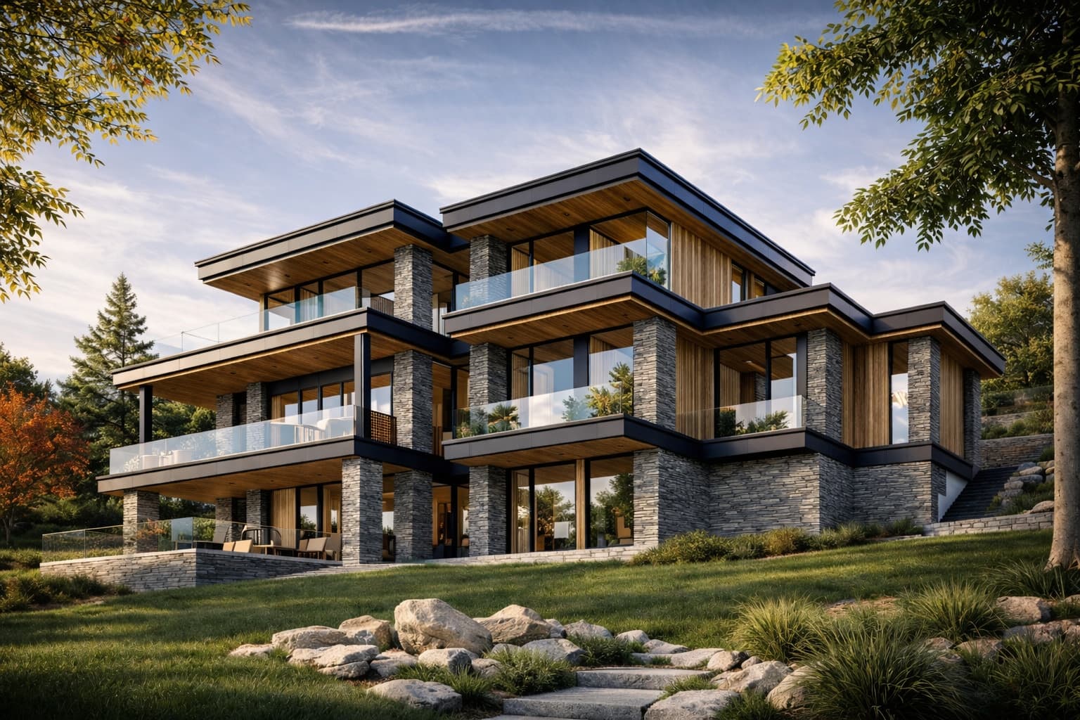 Contemporary multi-level residence with stone columns and glass balconies