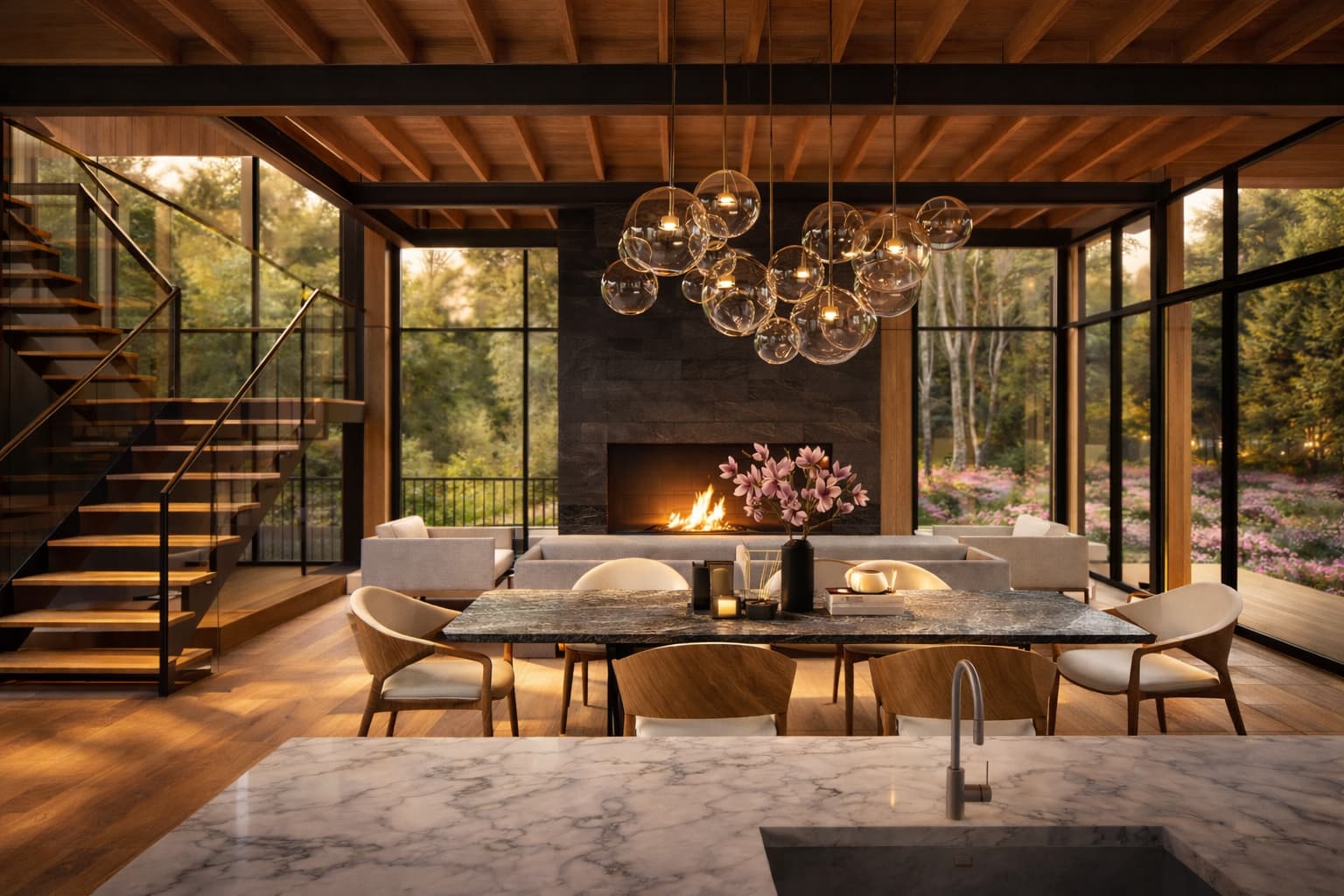 Open concept living and dining room with wood beams, fireplace and large windows