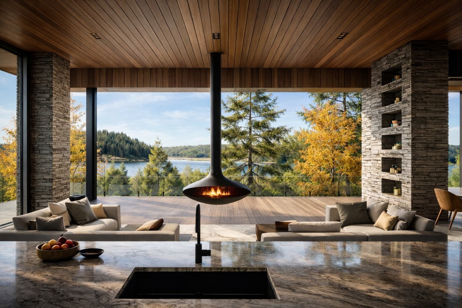 Open concept living room with suspended fireplace and lake view in Wakefield