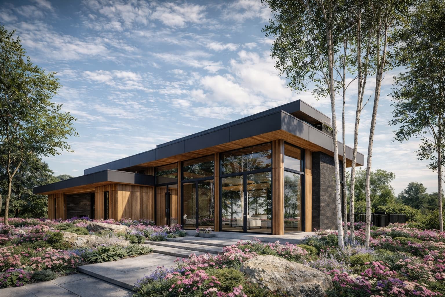 Contemporary single-storey house with wood siding, stone accents and large glass doors