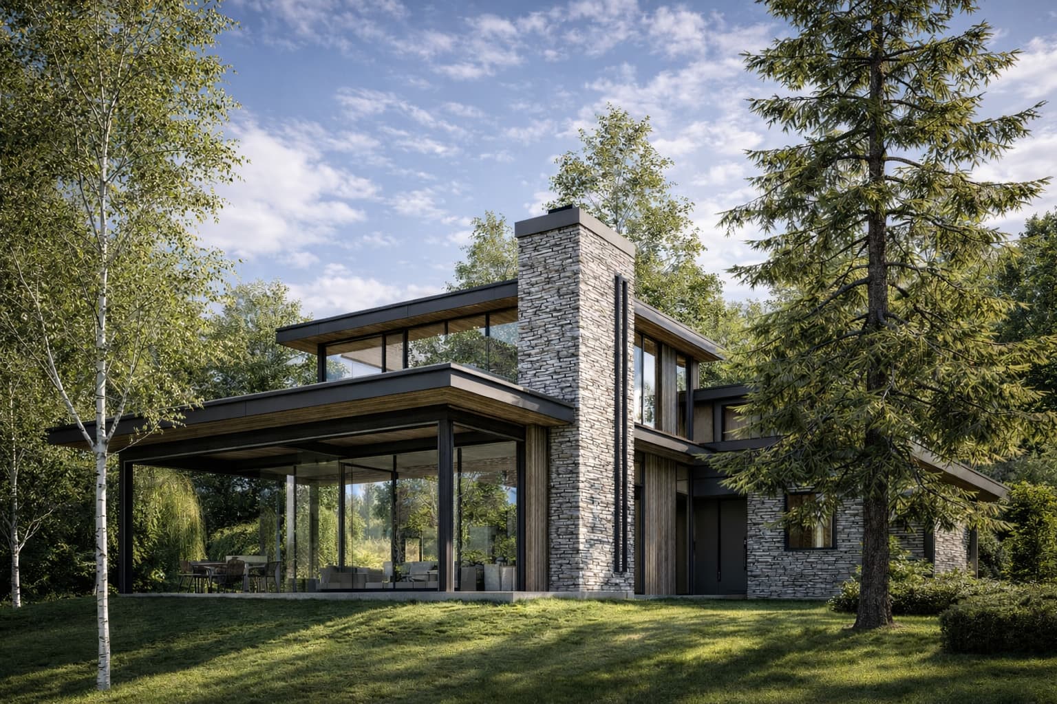 Modern lake house with stone chimney and expansive glass walls in Quebec