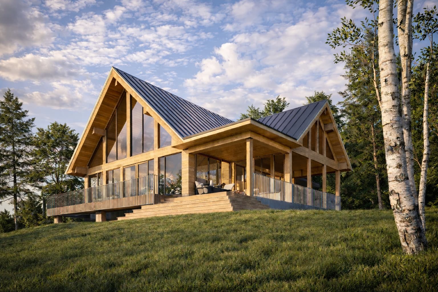 Modern timber lake house with gabled roof and wraparound terrace overlooking waterfront landscape