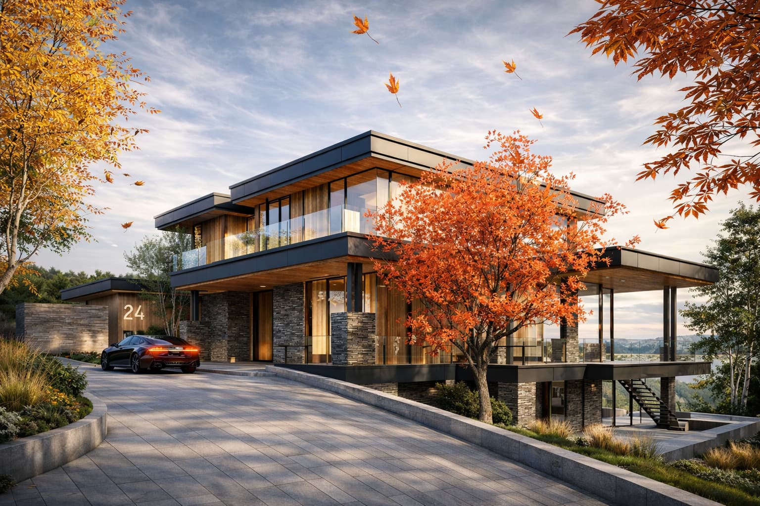 Contemporary two-storey house with glass balcony and autumn trees in Wakefield