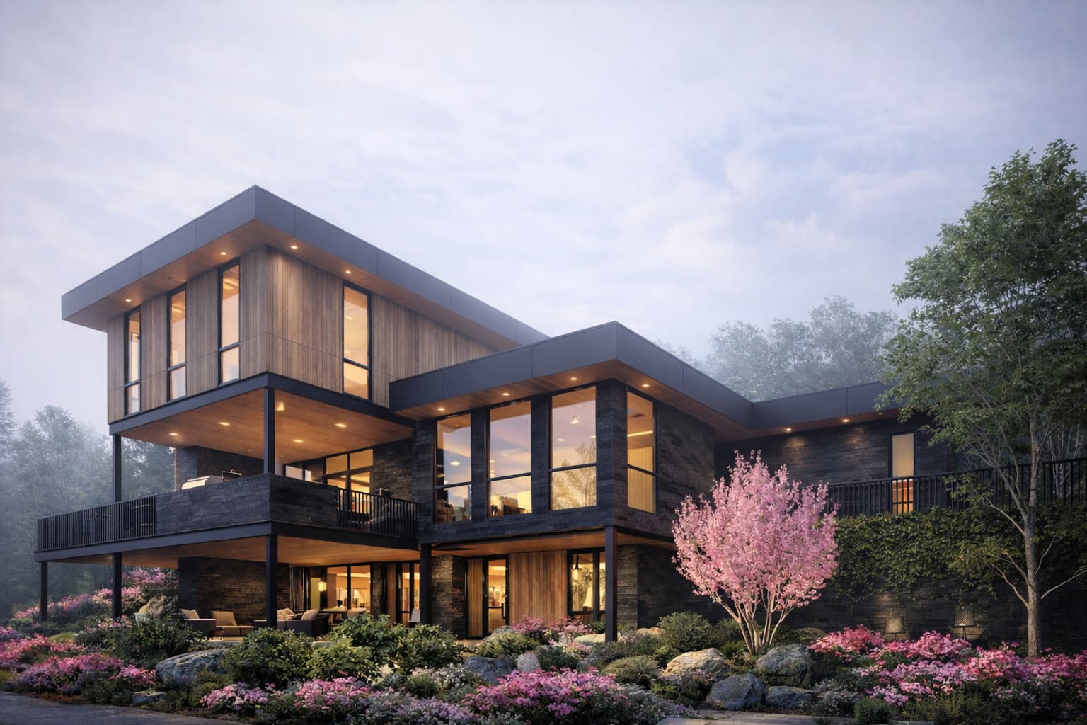 Contemporary two-storey house with wood cladding and stone facade at dusk