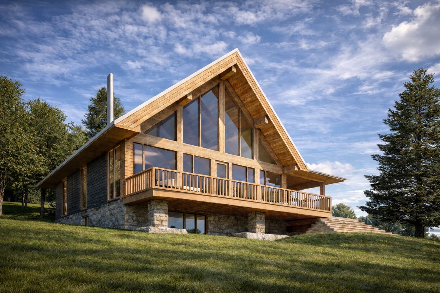 Modern timber chalet with gabled facade and full-height glazing in Quebec